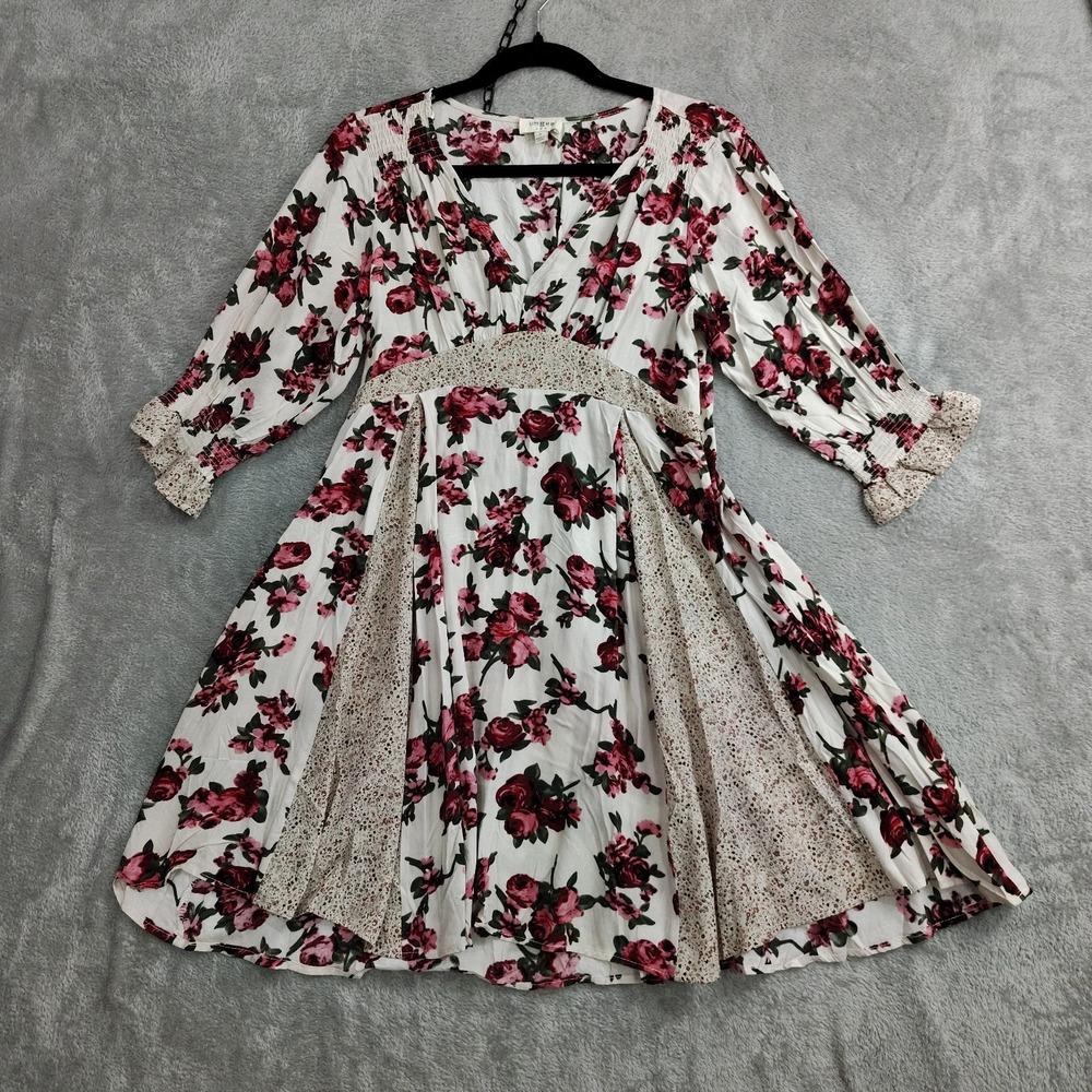 Umgee Womens Mini Dress Size S Cream Floral‎ V-Neck Flowy Patchwork Pockets